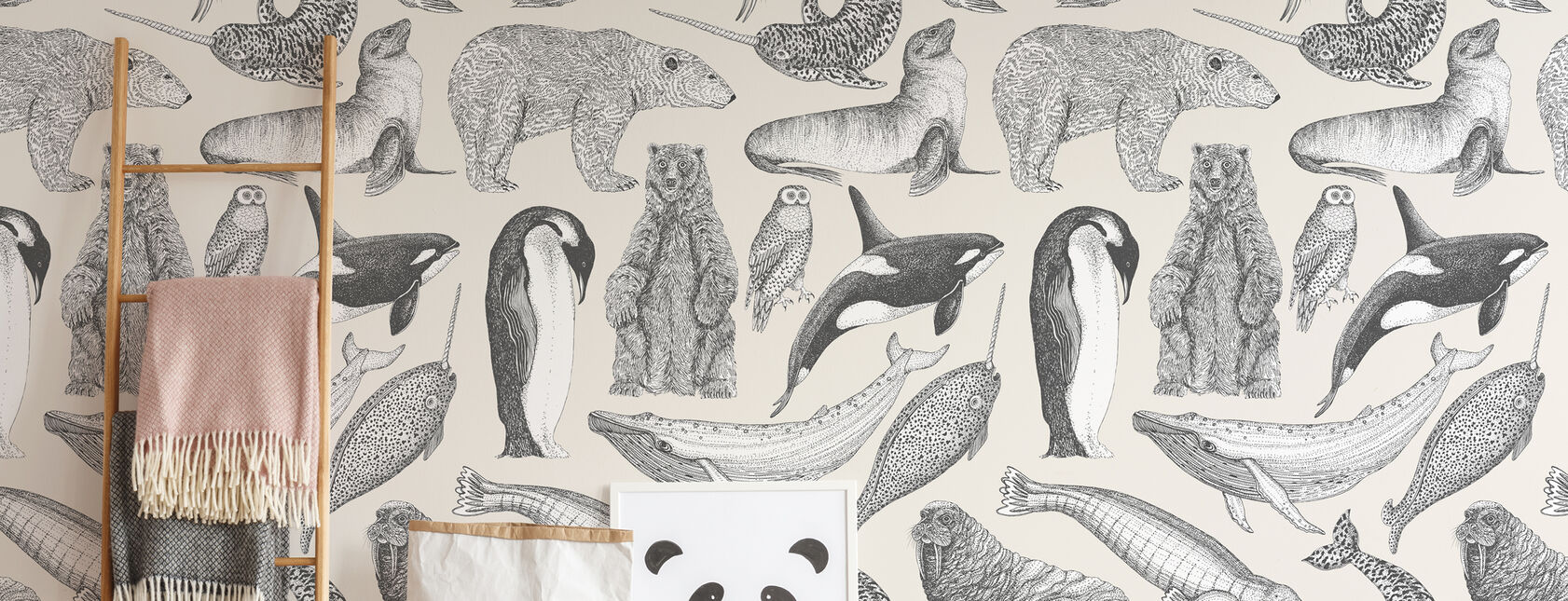 Arctic Animals - Black on Cream - Wallpaper