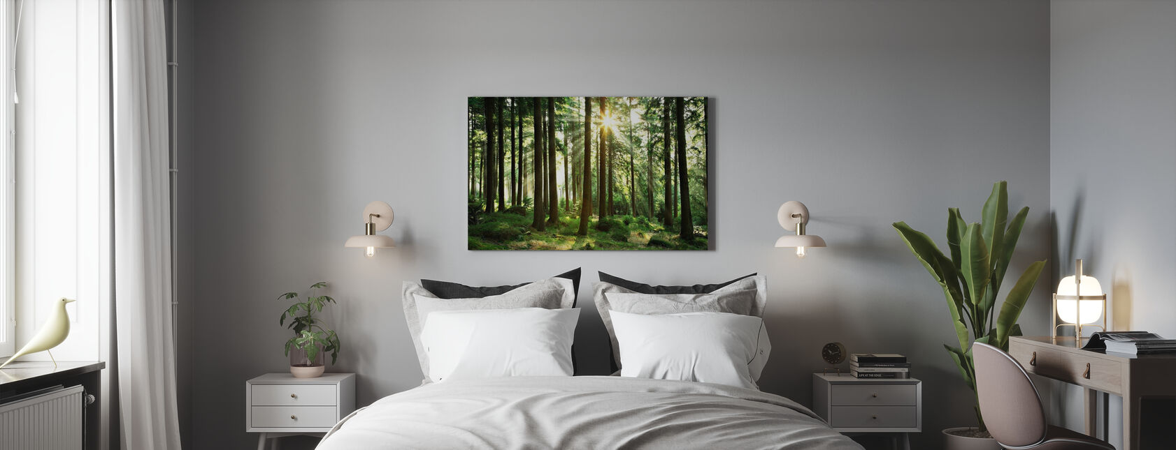 Solstrålen gennem træer - Billede på lærred - Soveværelse