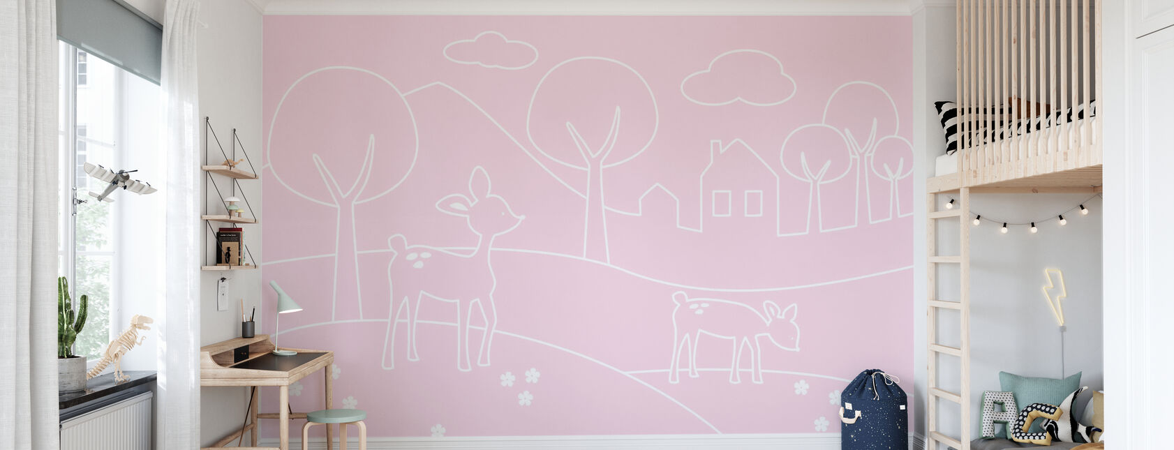 Deer World Lines - pink - Wallpaper - Kids Room