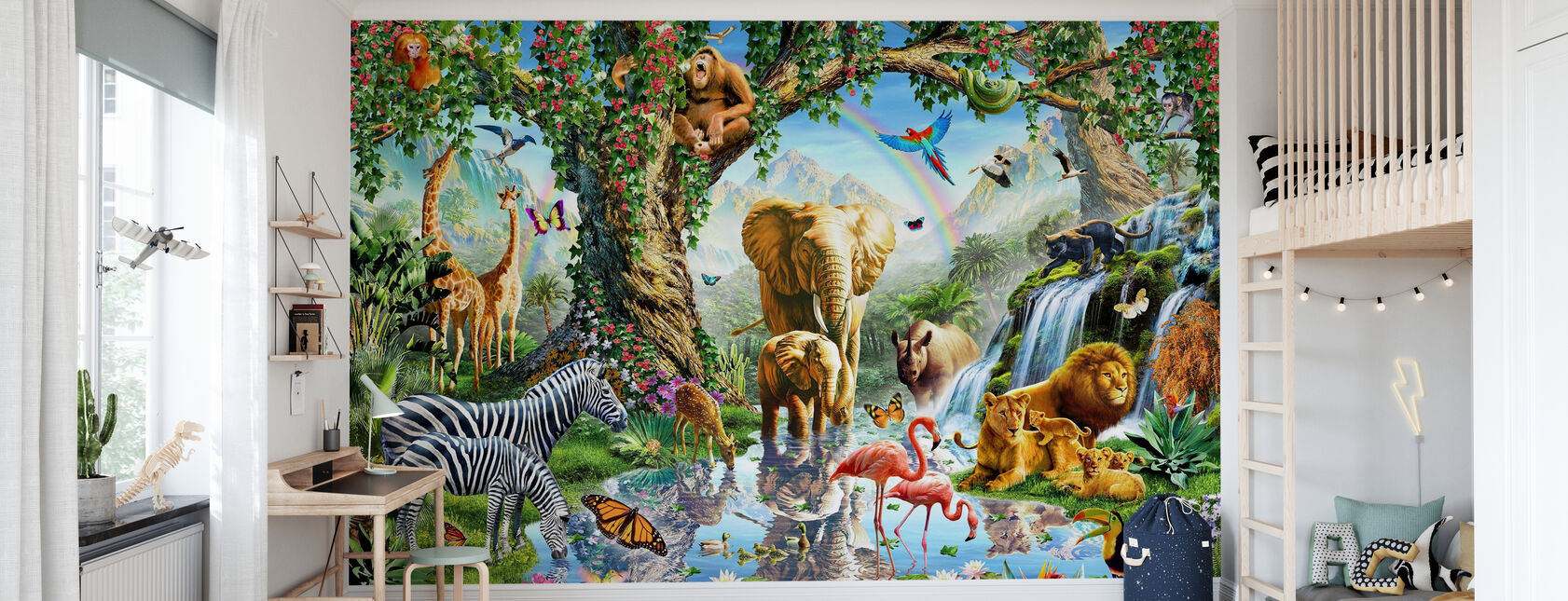 Lago de la selva con animales salvajes - Papel pintado - Cuarto de niños