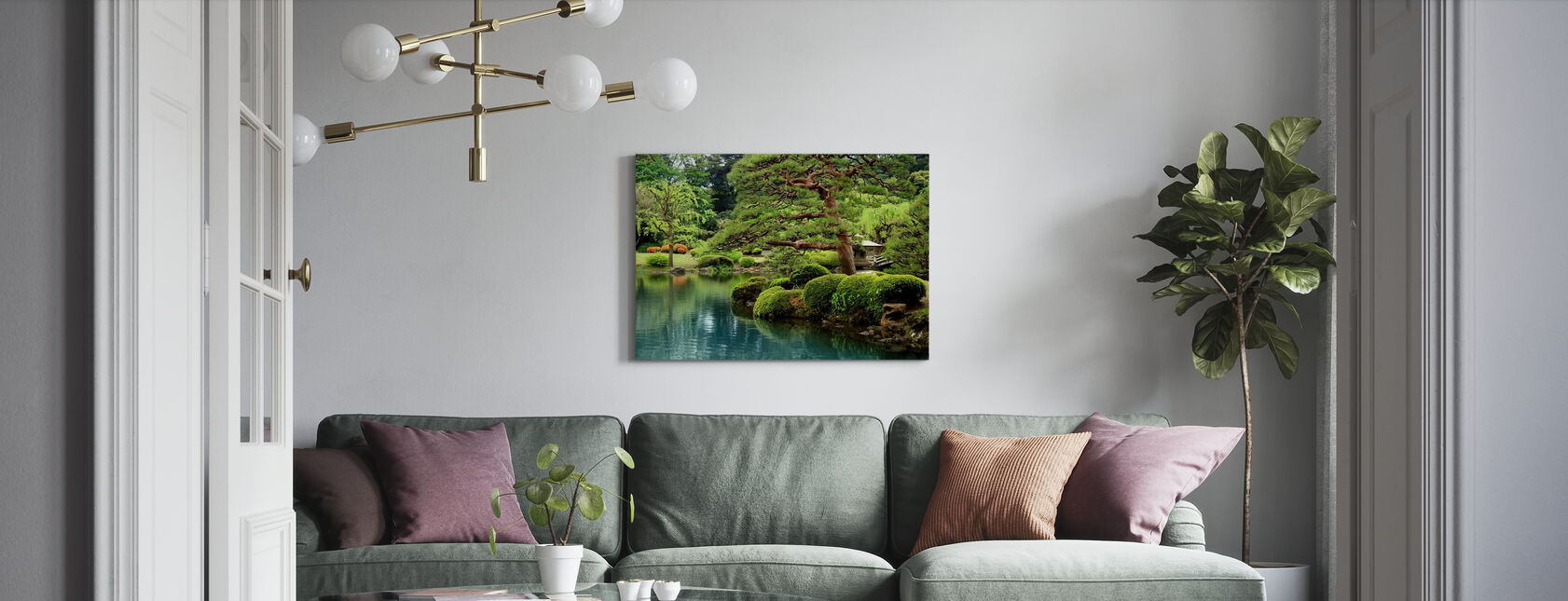 Calm Zen Lake and Bonsai Trees in Tokyo Garden - Canvas print - Living Room