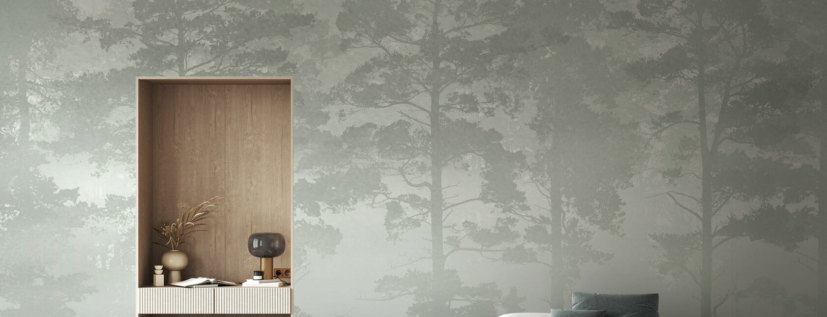 Misty Pine Forest - Green - Wallpaper - Living Room