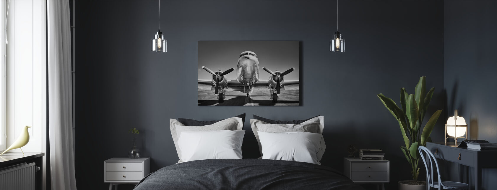Vintage Airplane on a Runway, black and white - Canvas print - Bedroom