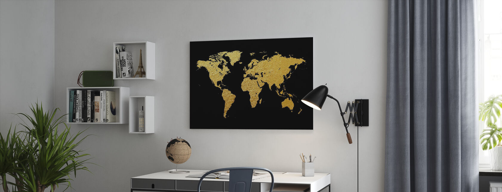 Guldverdenskort med sort baggrund - Billede på lærred - Kontor