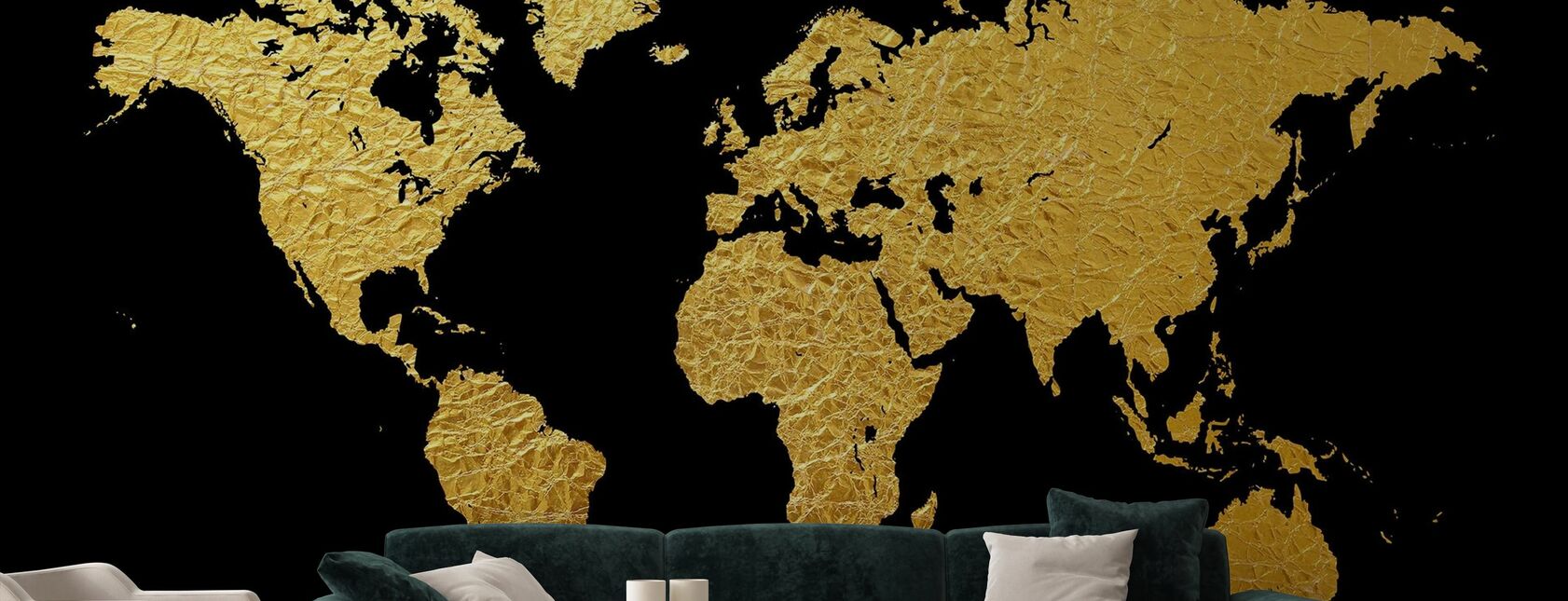 Kultainen maailmankartta mustalla taustalla - Tapetti - Olohuone