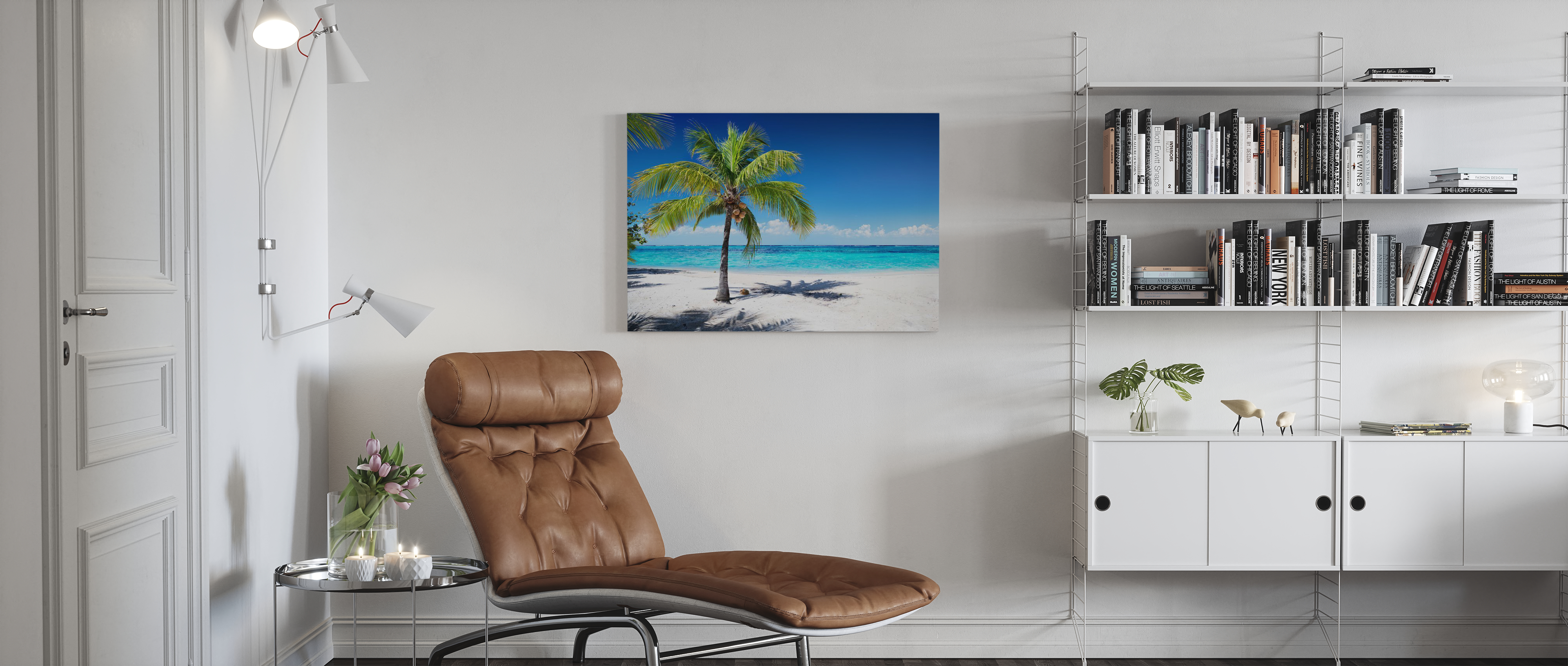 Coral Beach Lounge Chairs Palapa Tropical Palm Tree Photo Poster 18x12 inch 