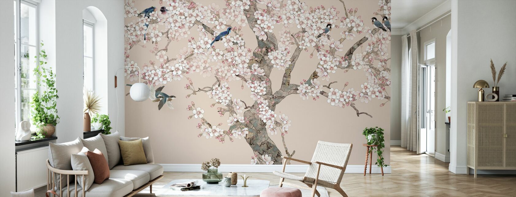 Doux Birds Home - Peach - Wallpaper - Living Room
