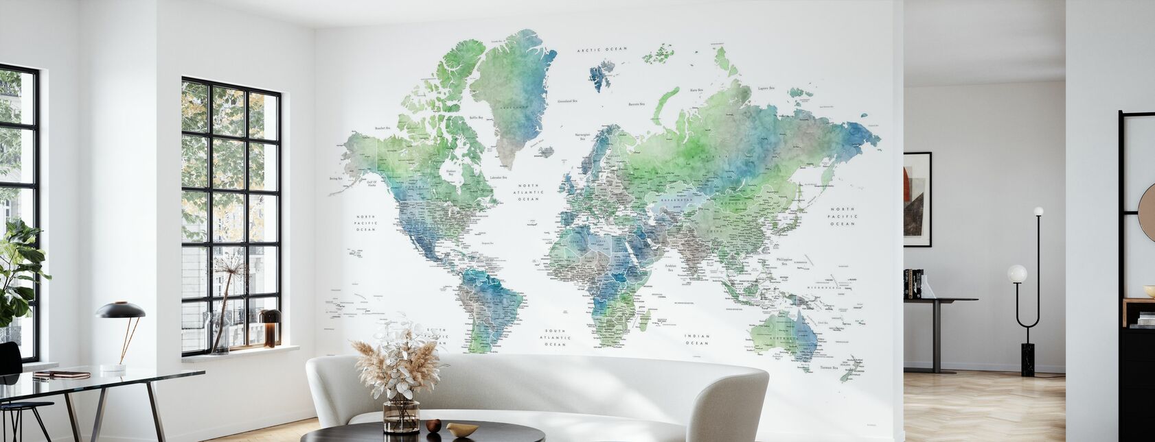 Världskarta med städer - Tapet - Vardagsrum
