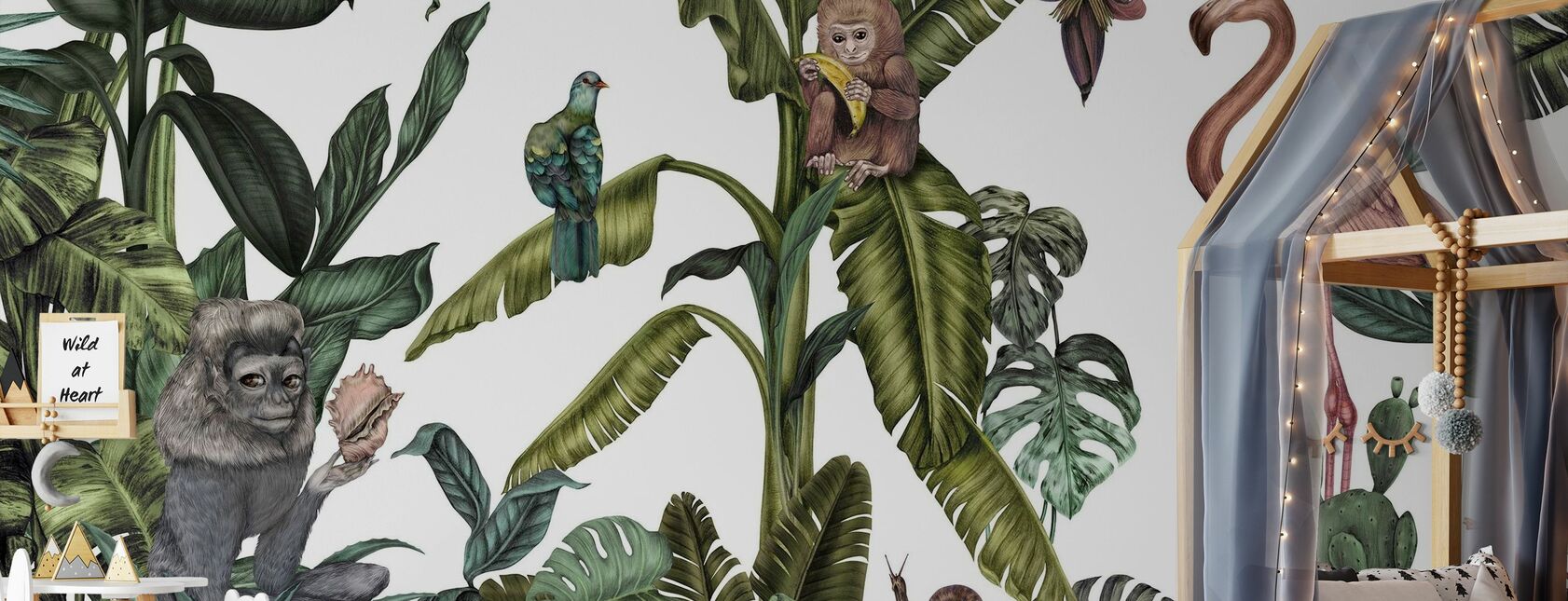 Małpy z Ptactwami - Białe - Tapeta - Pokój dziecięcy