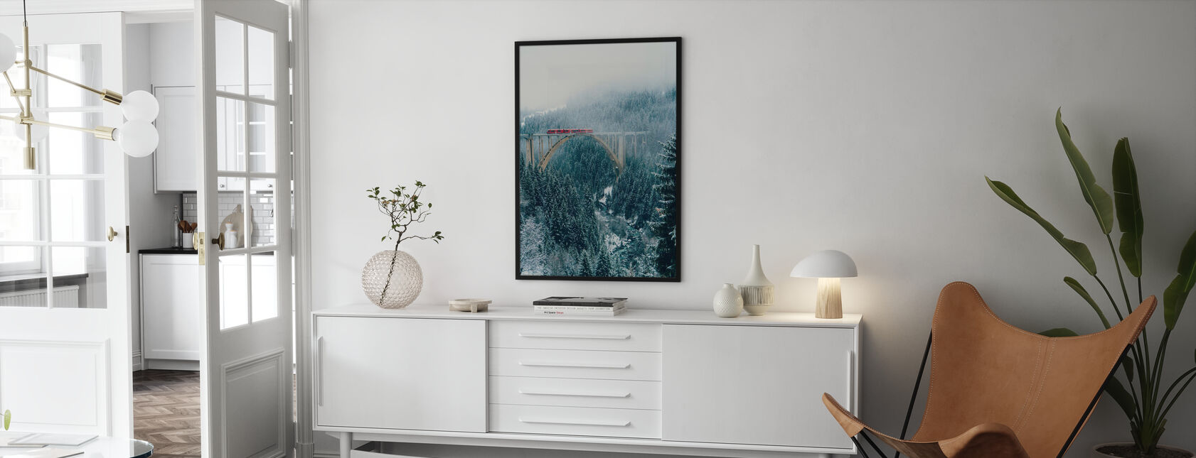 Snowy Train Bridge Mountains - Poster - Living Room