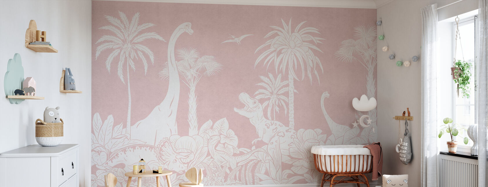 Monochrome Dino - Pink - Wallpaper - Nursery