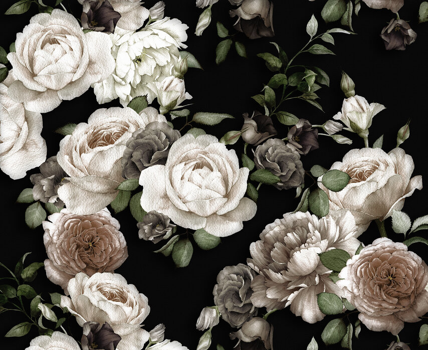 White Roses on Black Background – canvas print for all settings – Photowall