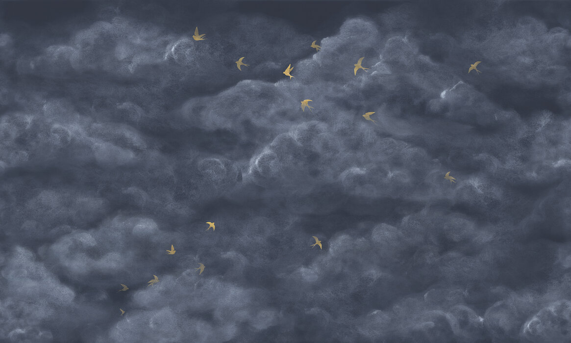 Tender Clouds With Yellow Swallows Dark Blue Trendy Wall Mural Photowall